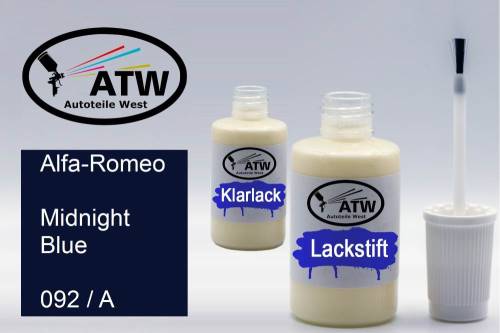 Alfa-Romeo, Midnight Blue, 092 / A: 20ml Lackstift + 20ml Klarlack - Set, von ATW Autoteile West.